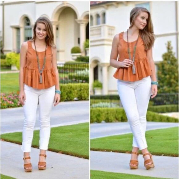 Anthropologie Top Orange Ruffled Embroidered Boho Sleeveless Boho Tank Small P - Picture 1 of 14